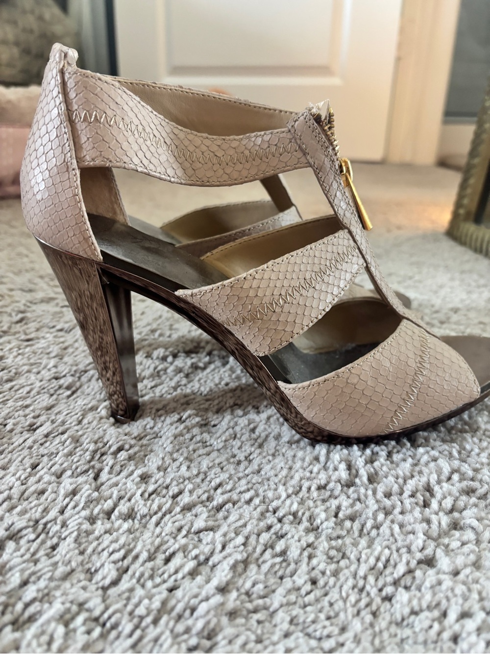 Michael Kors Beige Strappy High Heel Sandal with Gold Zip Accent - Picture 4 of 5